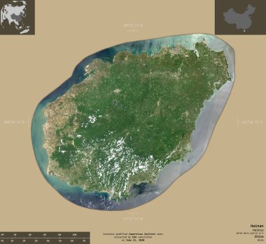 Hainan, Çin vilayeti. Sentinel-2 uydu görüntüleri. Bilgilendirici örtülerle sağlam arkaplanda izole edilmiş şekil. Değiştirilmiş Kopernik Sentinel verileri içerir