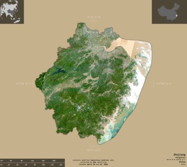 Zhejiang, Çin vilayeti. Sentinel-2 uydu görüntüleri. Bilgilendirici örtülerle sağlam arkaplanda izole edilmiş şekil. Değiştirilmiş Kopernik Sentinel verileri içerir