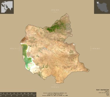 Doğu Azarbaycan, İran vilayeti. Sentinel-2 uydu görüntüleri. Bilgilendirici örtülerle sağlam arkaplanda izole edilmiş şekil. Değiştirilmiş Kopernik Sentinel verileri içerir
