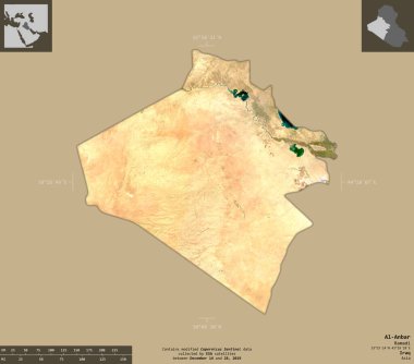 Al-Anbar, Irak vilayeti. Sentinel-2 uydu görüntüleri. Bilgilendirici örtülerle sağlam arkaplanda izole edilmiş şekil. Değiştirilmiş Kopernik Sentinel verileri içerir