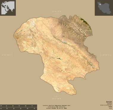 Zanjan, İran vilayeti. Sentinel-2 uydu görüntüleri. Bilgilendirici örtülerle sağlam arkaplanda izole edilmiş şekil. Değiştirilmiş Kopernik Sentinel verileri içerir