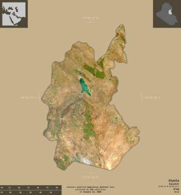 Diyala, Irak vilayeti. Sentinel-2 uydu görüntüleri. Bilgilendirici örtülerle sağlam arkaplanda izole edilmiş şekil. Değiştirilmiş Kopernik Sentinel verileri içerir