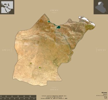 Ninawa, Irak vilayeti. Sentinel-2 uydu görüntüleri. Bilgilendirici örtülerle sağlam arkaplanda izole edilmiş şekil. Değiştirilmiş Kopernik Sentinel verileri içerir