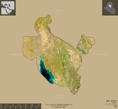 Sala ad-Din, Irak vilayeti. Sentinel-2 uydu görüntüleri. Bilgilendirici örtülerle sağlam arkaplanda izole edilmiş şekil. Değiştirilmiş Kopernik Sentinel verileri içerir