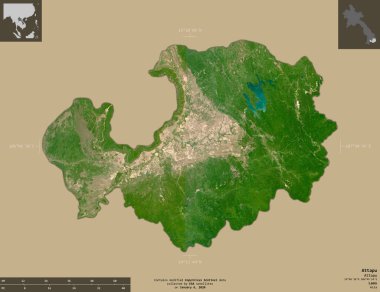 Attapu, Laos vilayeti. Sentinel-2 uydu görüntüleri. Bilgilendirici örtülerle sağlam arkaplanda izole edilmiş şekil. Değiştirilmiş Kopernik Sentinel verileri içerir