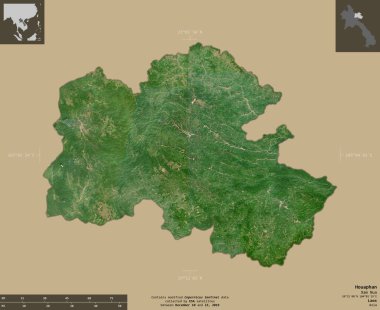 Houaphan, Laos vilayeti. Sentinel-2 uydu görüntüleri. Bilgilendirici örtülerle sağlam arkaplanda izole edilmiş şekil. Değiştirilmiş Kopernik Sentinel verileri içerir