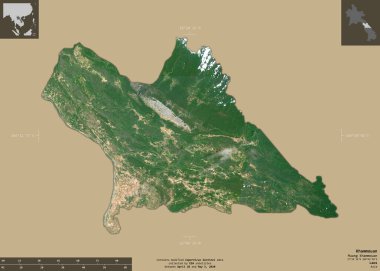 Khammouan, Laos vilayeti. Sentinel-2 uydu görüntüleri. Bilgilendirici örtülerle sağlam arkaplanda izole edilmiş şekil. Değiştirilmiş Kopernik Sentinel verileri içerir
