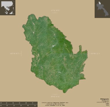 Phongsali, Laos vilayeti. Sentinel-2 uydu görüntüleri. Bilgilendirici örtülerle sağlam arkaplanda izole edilmiş şekil. Değiştirilmiş Kopernik Sentinel verileri içerir