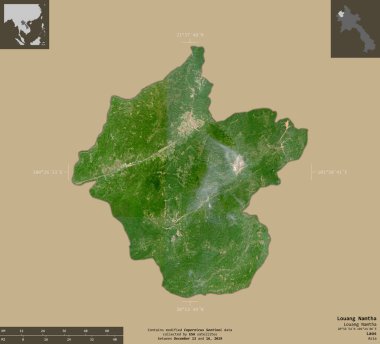 Louang Namtha, Laos vilayeti. Sentinel-2 uydu görüntüleri. Bilgilendirici örtülerle sağlam arkaplanda izole edilmiş şekil. Değiştirilmiş Kopernik Sentinel verileri içerir