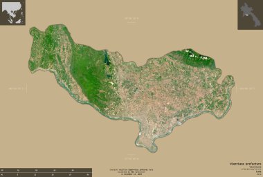 Vientiane vilayeti, 124belediye, Laos vilayeti. Sentinel-2 uydu görüntüleri. Bilgilendirici örtülerle sağlam arkaplanda izole edilmiş şekil. Değiştirilmiş Kopernik Sentinel verileri içerir