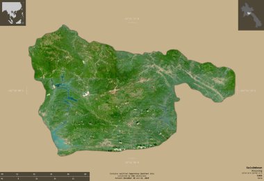 Xaisomboun, 124. özel bölge Laos bölgesi. Sentinel-2 uydu görüntüleri. Bilgilendirici örtülerle sağlam arkaplanda izole edilmiş şekil. Değiştirilmiş Kopernik Sentinel verileri içerir