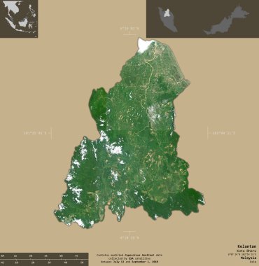 Kelantan, Malezya Eyaleti. Sentinel-2 uydu görüntüleri. Bilgilendirici örtülerle sağlam arkaplanda izole edilmiş şekil. Değiştirilmiş Kopernik Sentinel verileri içerir