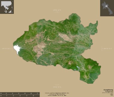 Xiangkhoang, Laos bölgesi. Sentinel-2 uydu görüntüleri. Bilgilendirici örtülerle sağlam arkaplanda izole edilmiş şekil. Değiştirilmiş Kopernik Sentinel verileri içerir