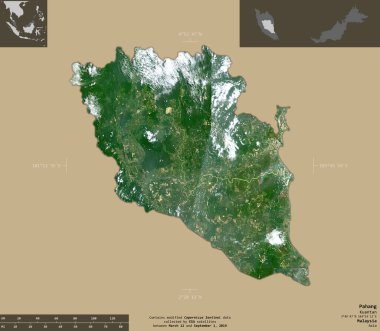 Pahang, Malezya Eyaleti. Sentinel-2 uydu görüntüleri. Bilgilendirici örtülerle sağlam arkaplanda izole edilmiş şekil. Değiştirilmiş Kopernik Sentinel verileri içerir