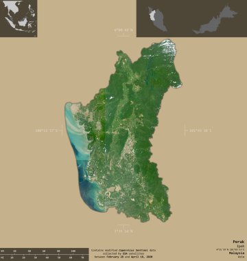 Perak, Malezya Eyaleti. Sentinel-2 uydu görüntüleri. Bilgilendirici örtülerle sağlam arkaplanda izole edilmiş şekil. Değiştirilmiş Kopernik Sentinel verileri içerir