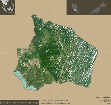 Negeri Sembilan, Malezya Eyaleti. Sentinel-2 uydu görüntüleri. Bilgilendirici örtülerle sağlam arkaplanda izole edilmiş şekil. Değiştirilmiş Kopernik Sentinel verileri içerir