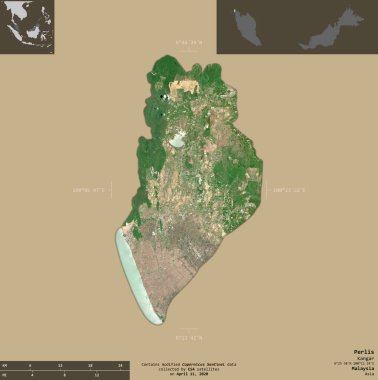 Perlis, Malezya Eyaleti. Sentinel-2 uydu görüntüleri. Bilgilendirici örtülerle sağlam arkaplanda izole edilmiş şekil. Değiştirilmiş Kopernik Sentinel verileri içerir