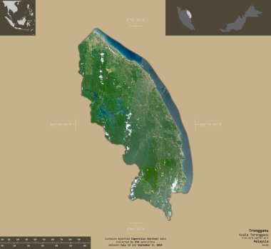 Trengganu, Malezya Eyaleti. Sentinel-2 uydu görüntüleri. Bilgilendirici örtülerle sağlam arkaplanda izole edilmiş şekil. Değiştirilmiş Kopernik Sentinel verileri içerir