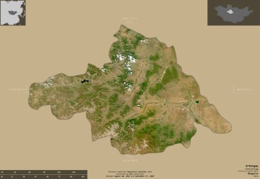 Arhangay, Moğolistan vilayeti. Sentinel-2 uydu görüntüleri. Bilgilendirici örtülerle sağlam arkaplanda izole edilmiş şekil. Değiştirilmiş Kopernik Sentinel verileri içerir