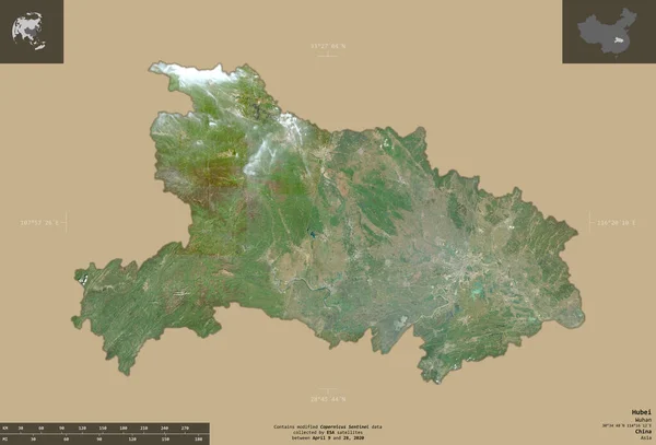 中国湖北省 2号卫星图像 在坚实的背景上与信息覆盖隔离的形状 包含修改后的哥白尼哨兵数据 — 图库照片