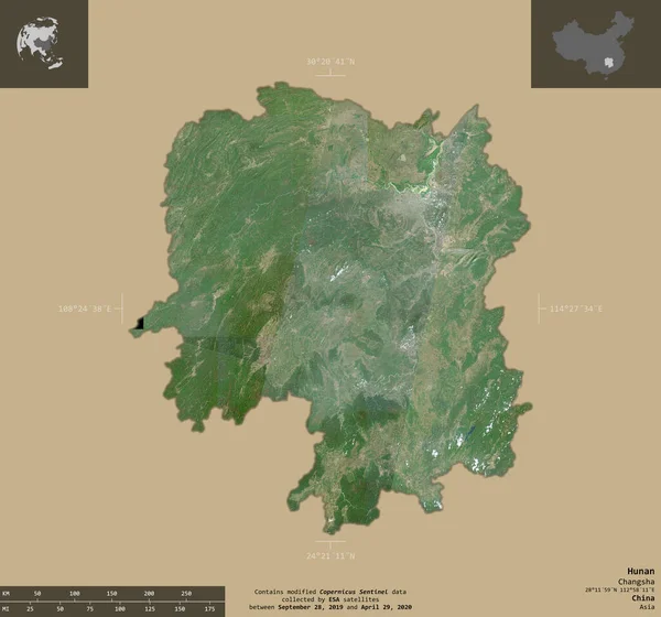 Hunan Çin Vilayeti Sentinel Uydu Görüntüleri Bilgilendirici Örtülerle Sağlam Arkaplanda — Stok fotoğraf