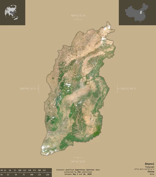 Shanxi, province of China. Sentinel-2 satellite imagery. Shape isolated on solid background with informative overlays. Contains modified Copernicus Sentinel data