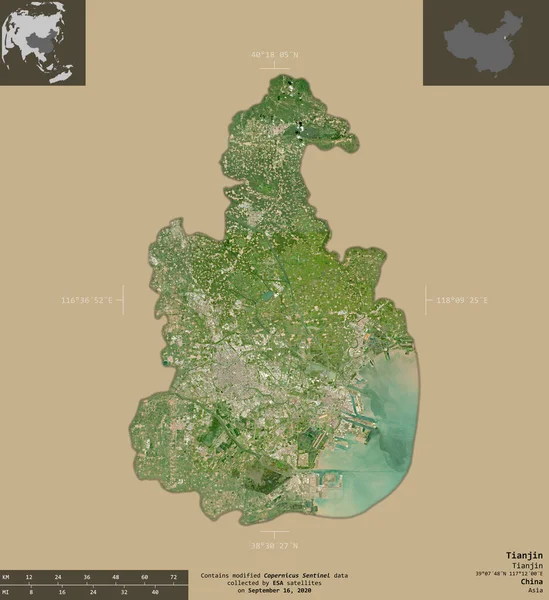 Tianjin, municipality of China. Sentinel-2 satellite imagery. Shape isolated on solid background with informative overlays. Contains modified Copernicus Sentinel data