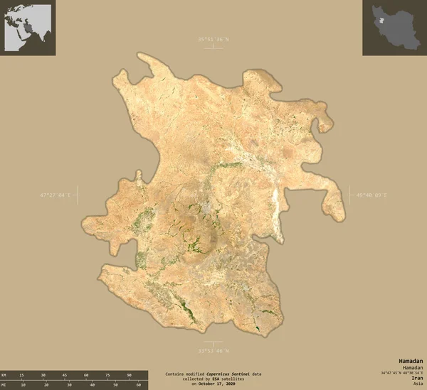 Hamadan Ran Vilayeti Sentinel Uydu Görüntüleri Bilgilendirici Örtülerle Sağlam Arkaplanda — Stok fotoğraf