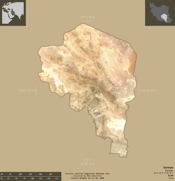 イランのケルマン州 センチネル 2衛星画像 有益なオーバーレイと固体背景に隔離形状 修正されたコペルニクスセンチネルデータが含まれています — ストック写真