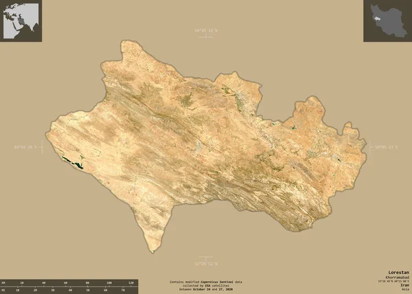 イランのロレスタン州 センチネル 2衛星画像 有益なオーバーレイと固体背景に隔離形状 修正されたコペルニクスセンチネルデータが含まれています — ストック写真