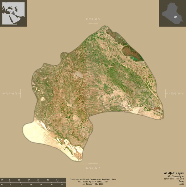 Qadisiyah 伊拉克省 2号卫星图像 在坚实的背景上与信息覆盖隔离的形状 包含修改后的哥白尼哨兵数据 — 图库照片