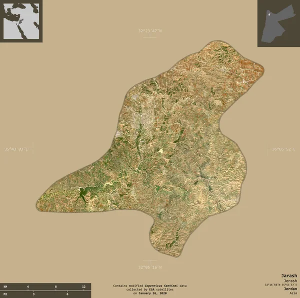 Jarash Provincie Jordanië Sentinel Satellietbeelden Vorm Geïsoleerd Solide Achtergrond Met — Stockfoto