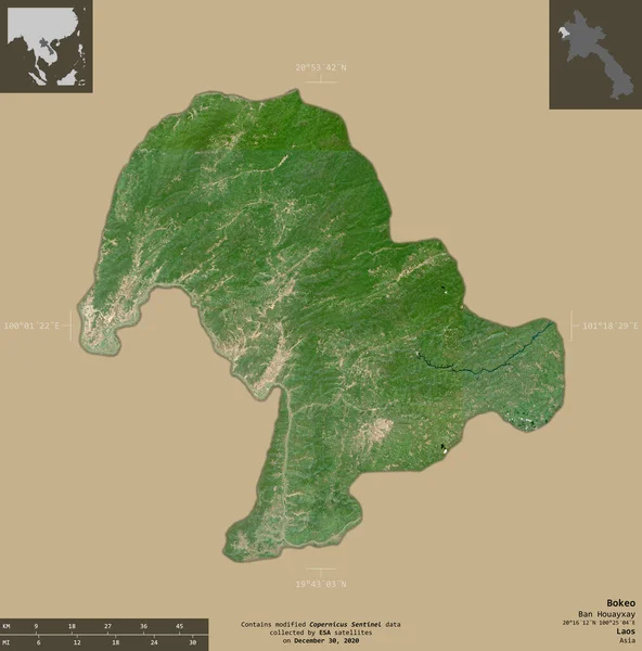 Bokeo Provincia Laos Imágenes Satelitales Sentinel Forma Aislada Sobre Fondo —  Fotos de Stock