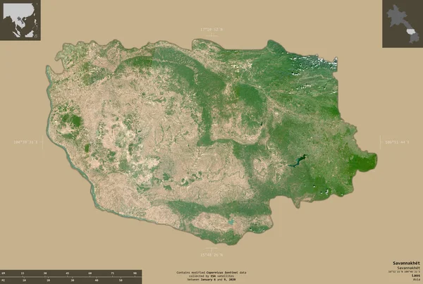 ラオス共和国のサバンナケート県 センチネル 2衛星画像 有益なオーバーレイと固体背景に隔離形状 修正されたコペルニクスセンチネルデータが含まれています — ストック写真