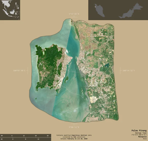 Pulau Pinang Estado Malásia Imagens Satélite Sentinela Forma Isolada Fundo — Fotografia de Stock