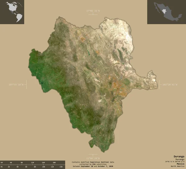 杜兰戈州 墨西哥州哨兵 2号卫星图像 在坚实的背景上与信息覆盖隔离的形状 包含修改后的哥白尼哨兵数据 — 图库照片