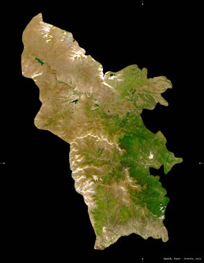 Syunik, Ermenistan vilayeti. Sentinel-2 uydu görüntüleri. Siyah üzerine izole edilmiş şekil. Tanımı, başkentin yeri. Değiştirilmiş Kopernik Sentinel verileri içerir
