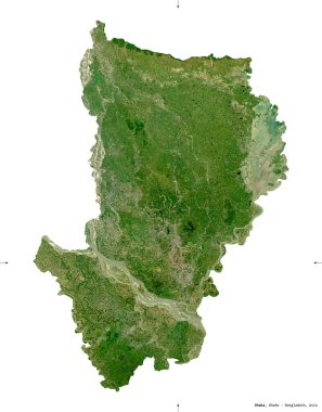Dhaka, Bangladeş Bölümü. Sentinel-2 uydu görüntüleri. Beyaz katı üzerinde izole edilmiş şekil. Tanımı, başkentin yeri. Değiştirilmiş Kopernik Sentinel verileri içerir