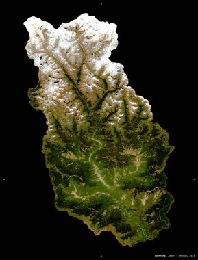 Bumthang, Bhutan bölgesi. Sentinel-2 uydu görüntüleri. Siyah üzerine izole edilmiş şekil. Tanımı, başkentin yeri. Değiştirilmiş Kopernik Sentinel verileri içerir