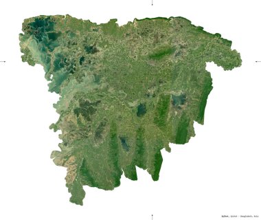 Sylhet, Bangladeş Bölümü. Sentinel-2 uydu görüntüleri. Beyaz katı üzerinde izole edilmiş şekil. Tanımı, başkentin yeri. Değiştirilmiş Kopernik Sentinel verileri içerir