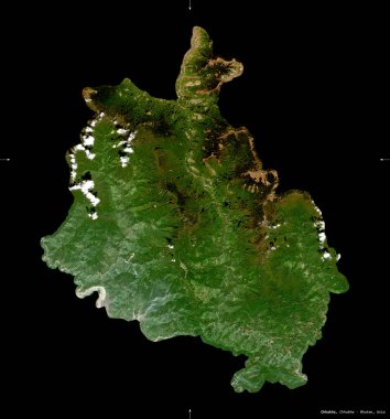 Chhukha, Butan bölgesi. Sentinel-2 uydu görüntüleri. Siyah üzerine izole edilmiş şekil. Tanımı, başkentin yeri. Değiştirilmiş Kopernik Sentinel verileri içerir