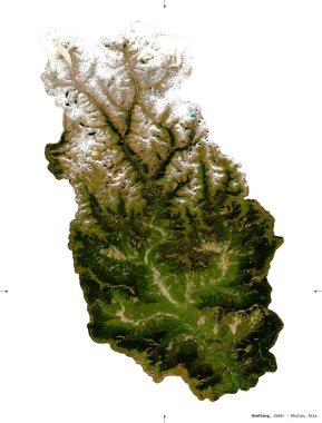 Bumthang, Bhutan bölgesi. Sentinel-2 uydu görüntüleri. Beyaz katı üzerinde izole edilmiş şekil. Tanımı, başkentin yeri. Değiştirilmiş Kopernik Sentinel verileri içerir