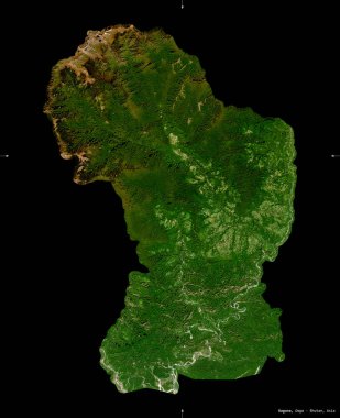 Dagana, Butan bölgesi. Sentinel-2 uydu görüntüleri. Siyah üzerine izole edilmiş şekil. Tanımı, başkentin yeri. Değiştirilmiş Kopernik Sentinel verileri içerir