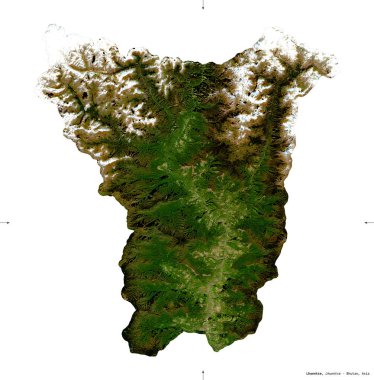 Lhuentse, Butan bölgesi. Sentinel-2 uydu görüntüleri. Beyaz katı üzerinde izole edilmiş şekil. Tanımı, başkentin yeri. Değiştirilmiş Kopernik Sentinel verileri içerir