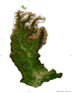 Yangtse, Butan bölgesi. Sentinel-2 uydu görüntüleri. Beyaz katı üzerinde izole edilmiş şekil. Tanımı, başkentin yeri. Değiştirilmiş Kopernik Sentinel verileri içerir