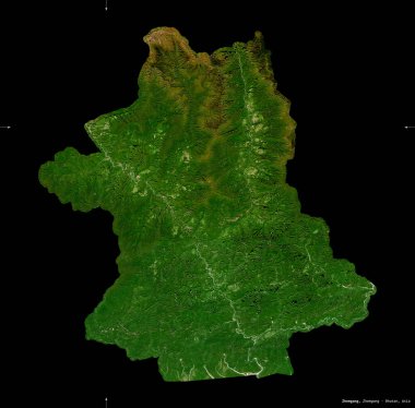 Zhemgang, Butan bölgesi. Sentinel-2 uydu görüntüleri. Siyah üzerine izole edilmiş şekil. Tanımı, başkentin yeri. Değiştirilmiş Kopernik Sentinel verileri içerir