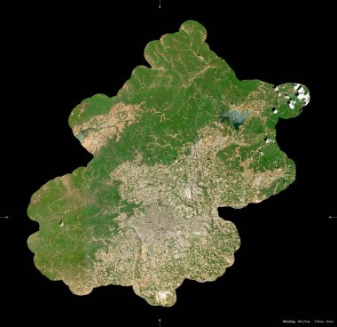 Pekin, Çin Belediyesi. Sentinel-2 uydu görüntüleri. Siyah üzerine izole edilmiş şekil. Tanımı, başkentin yeri. Değiştirilmiş Kopernik Sentinel verileri içerir
