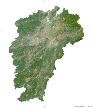 Jiangxi, Çin vilayeti. Sentinel-2 uydu görüntüleri. Beyaz katı üzerinde izole edilmiş şekil. Tanımı, başkentin yeri. Değiştirilmiş Kopernik Sentinel verileri içerir