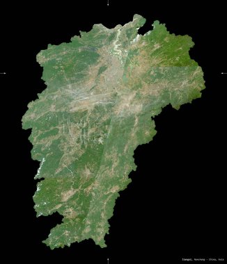 Jiangxi, Çin vilayeti. Sentinel-2 uydu görüntüleri. Siyah üzerine izole edilmiş şekil. Tanımı, başkentin yeri. Değiştirilmiş Kopernik Sentinel verileri içerir