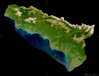 Abhazya, Gürcistan Özerk Cumhuriyeti. Sentinel-2 uydu görüntüleri. Siyah üzerine izole edilmiş şekil. Tanımı, başkentin yeri. Değiştirilmiş Kopernik Sentinel verileri içerir